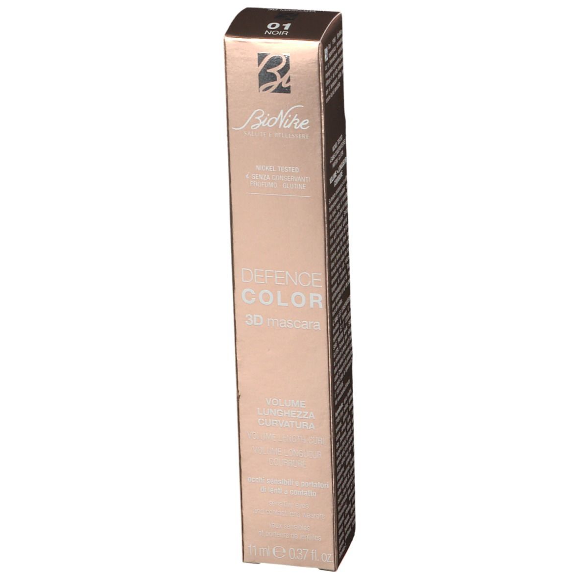Braune Verpackung mit Text. "BioNike" und "DEFENCE COLOR 3D mascara" sind lesbar. 11ml.