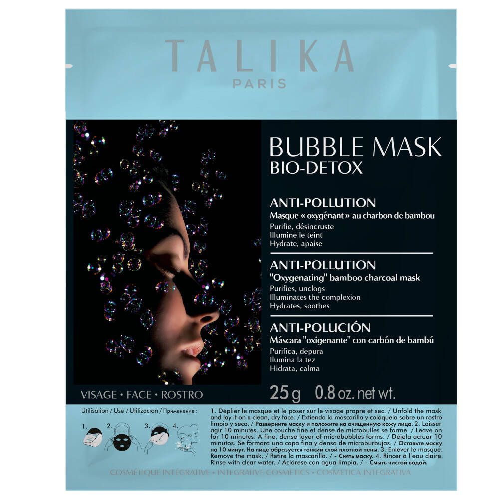 Rückseite der TALIKA Bubble Mask Bio-Detox Verpackung. Text in mehreren Sprachen, Inhaltsstoffe und Barcode.