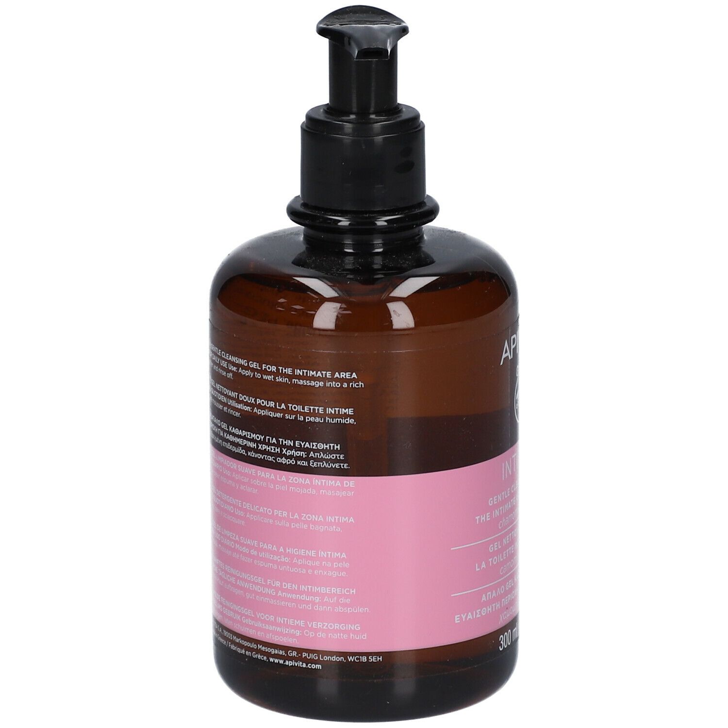 Flacon brun avec pompe noire. Étiquette rose avec informations produit. Vue arrière. Texte : Intimate, ingrédients, 300 ml.