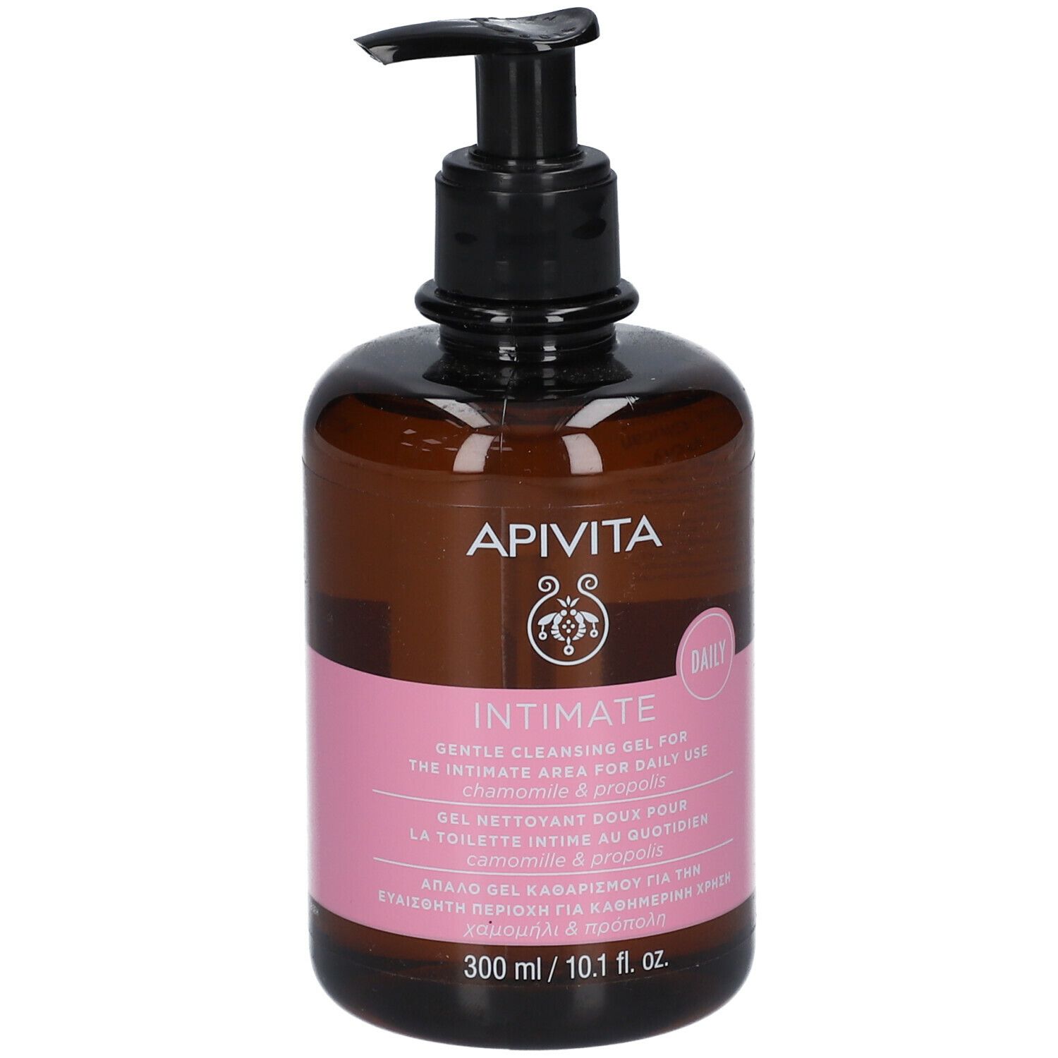 Flacon brun avec pompe noire. Étiquette rose avec informations produit et logo de la marque. Texte : Intimate, Daily, 300 ml.