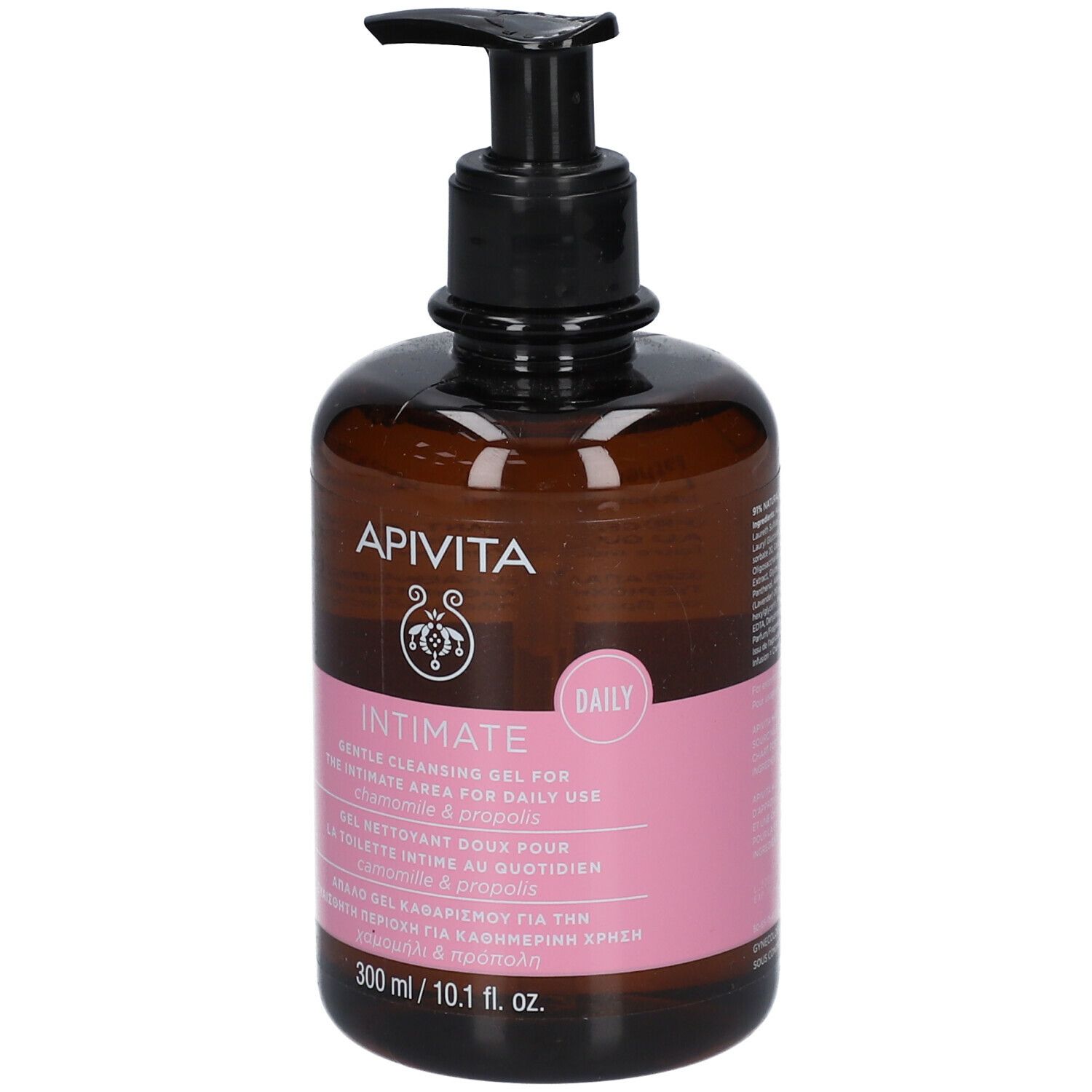 Flacon brun avec pompe noire. Étiquette rose avec informations produit et logo de la marque. Texte : Intimate, Daily, 300 ml.