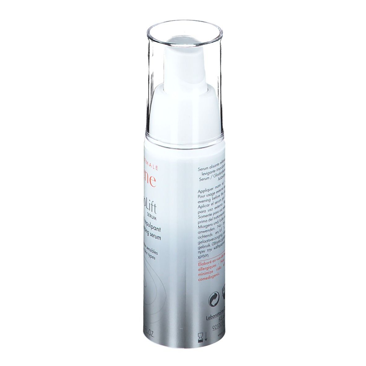 Flacon blanc et argenté avec bouchon transparent. Inscriptions et texte multilingue. Informations produit au dos.