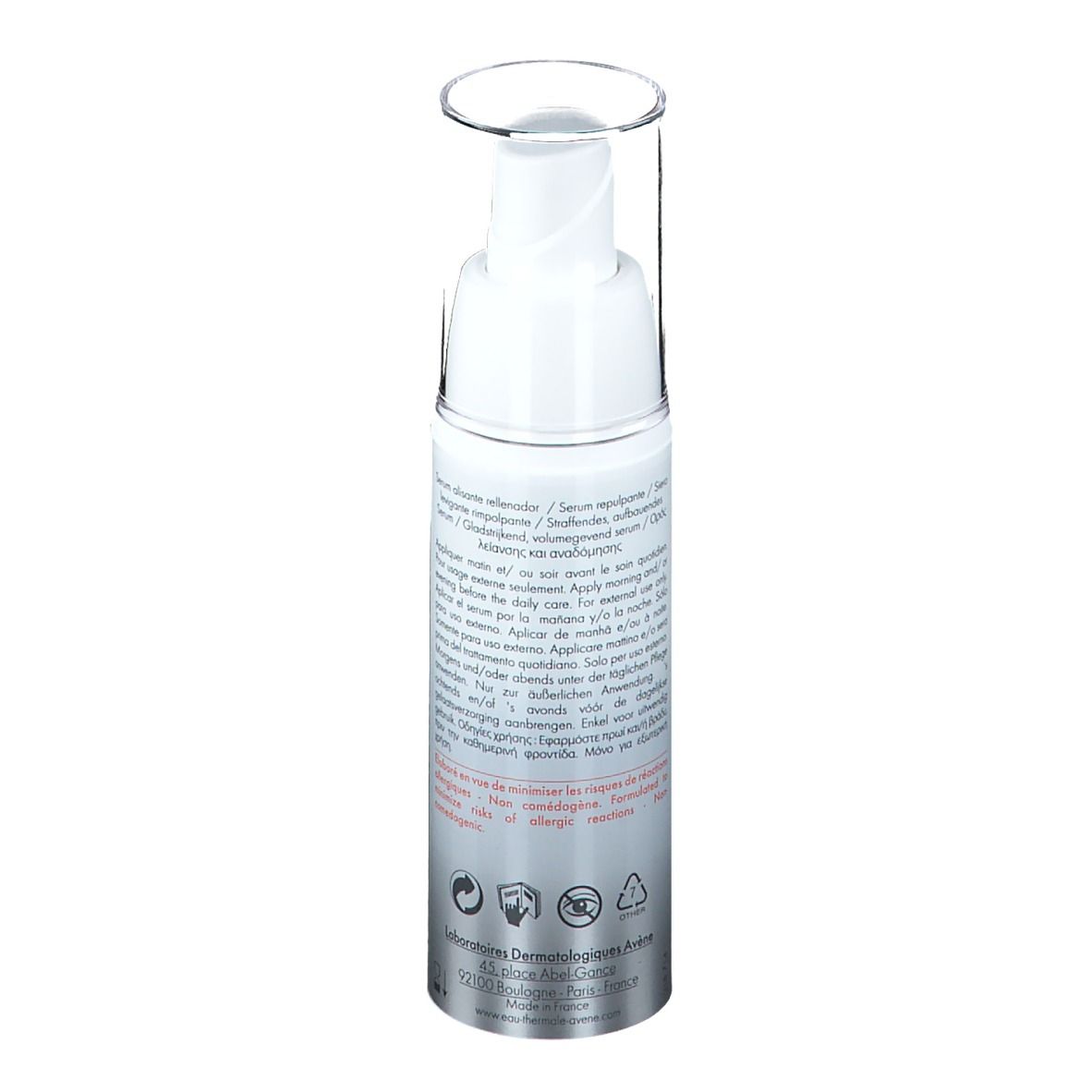 Flacon blanc et argenté avec bouchon transparent. Texte multilingue. Informations produit au dos.