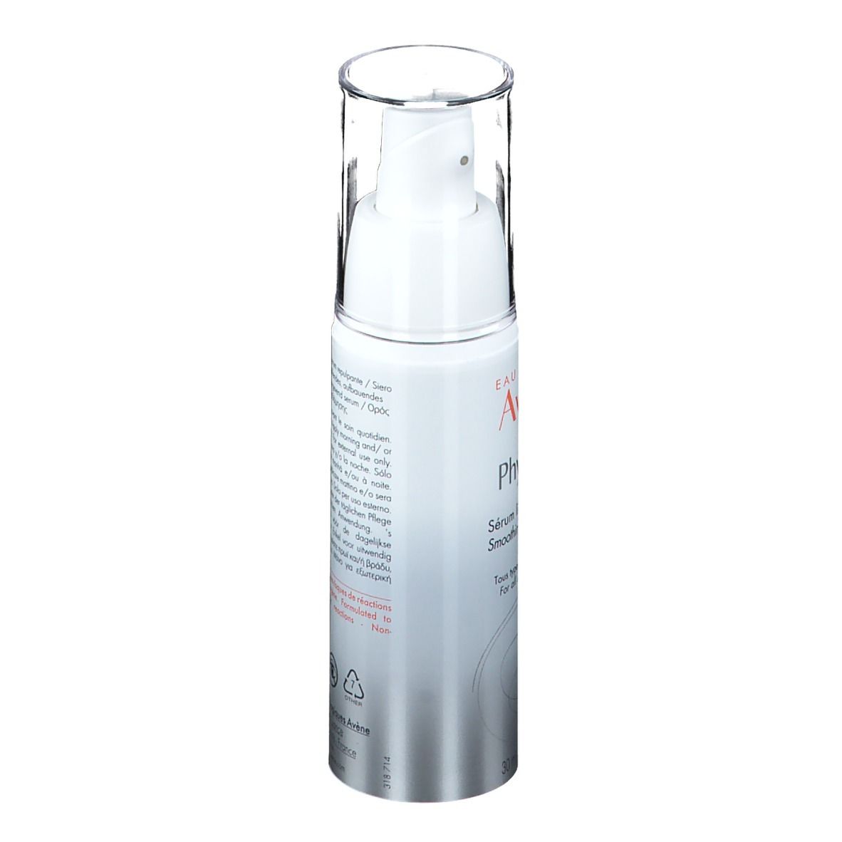 Flacon blanc et argenté avec bouchon transparent. Inscription: Eau Thermale Avène, PhysioLift Serum. Pour peaux sensibles.