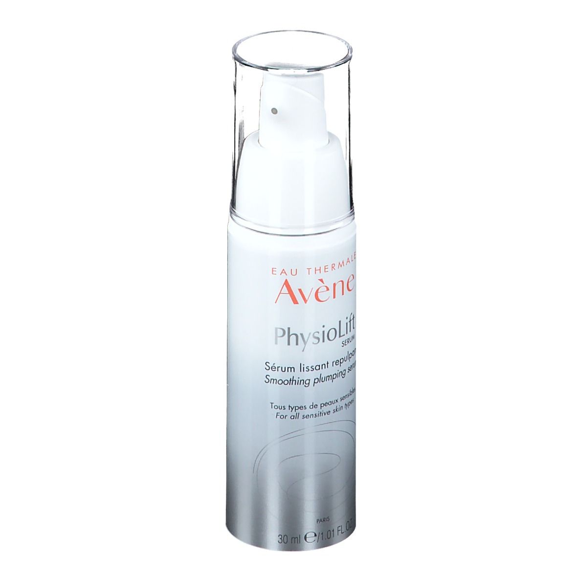 Flacon blanc et argenté avec bouchon transparent. Inscription: Eau Thermale Avène, PhysioLift Serum. Pour peaux sensibles.