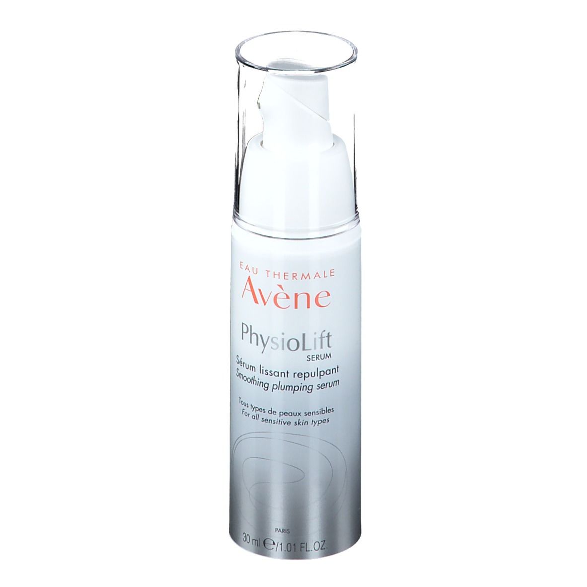 Flacon blanc et argenté avec bouchon transparent. Inscription: Eau Thermale Avène, PhysioLift Serum. Pour peaux sensibles.