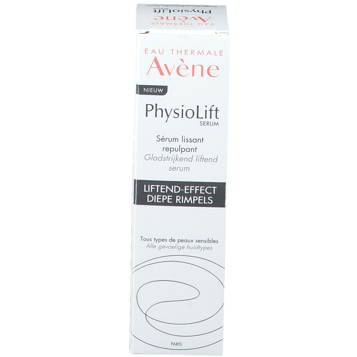 Emballage blanc avec inscription: Eau Thermale Avène, PhysioLift Serum. Texte multilingue. Pour peaux sensibles.