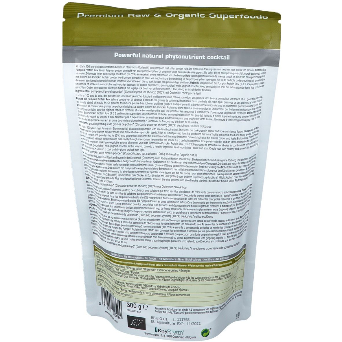 Dos d'un sachet avec texte. En bas : 300g, label bio, date de péremption.