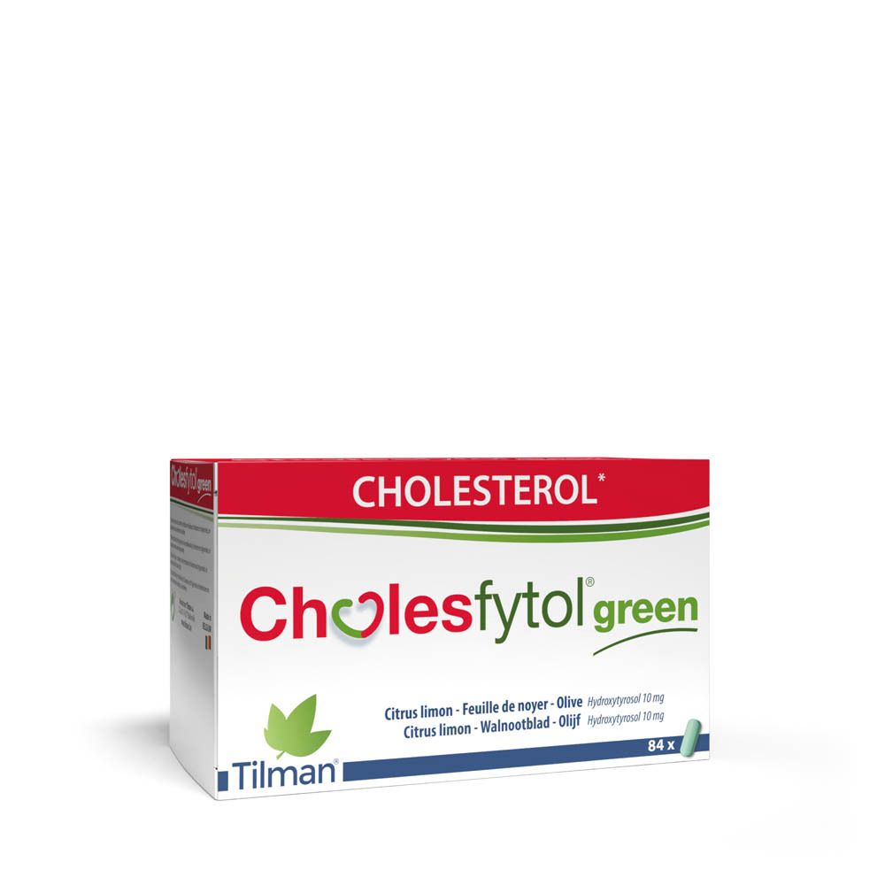 Boîte de Cholesfytol green. Emballage rouge et blanc avec gélules vertes. Marque Tilman.