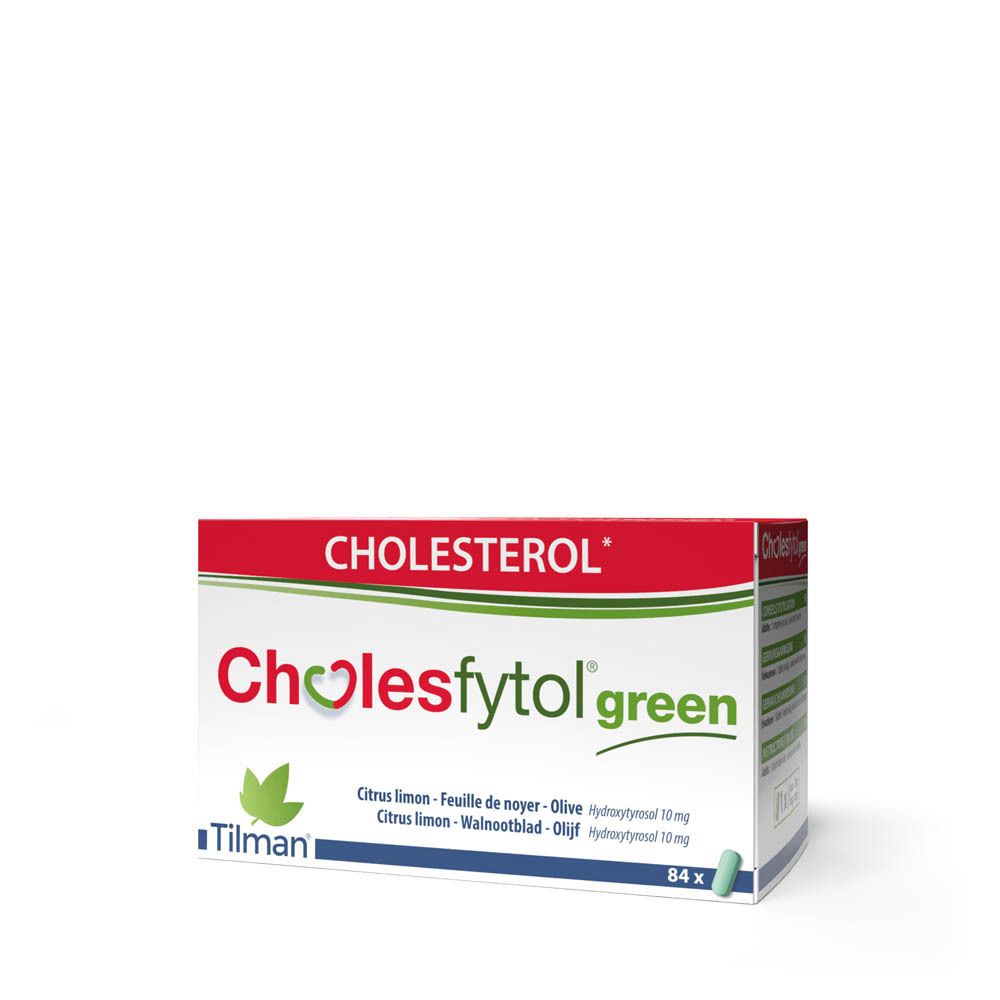 Boîte de Cholesfytol green. Emballage rouge et blanc avec gélules vertes. Marque Tilman.