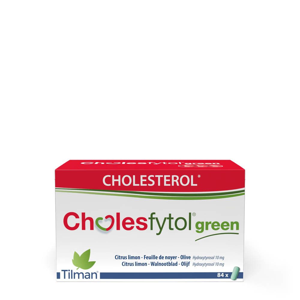 Boîte de Cholesfytol green. Emballage rouge et blanc avec gélules vertes. Marque Tilman.