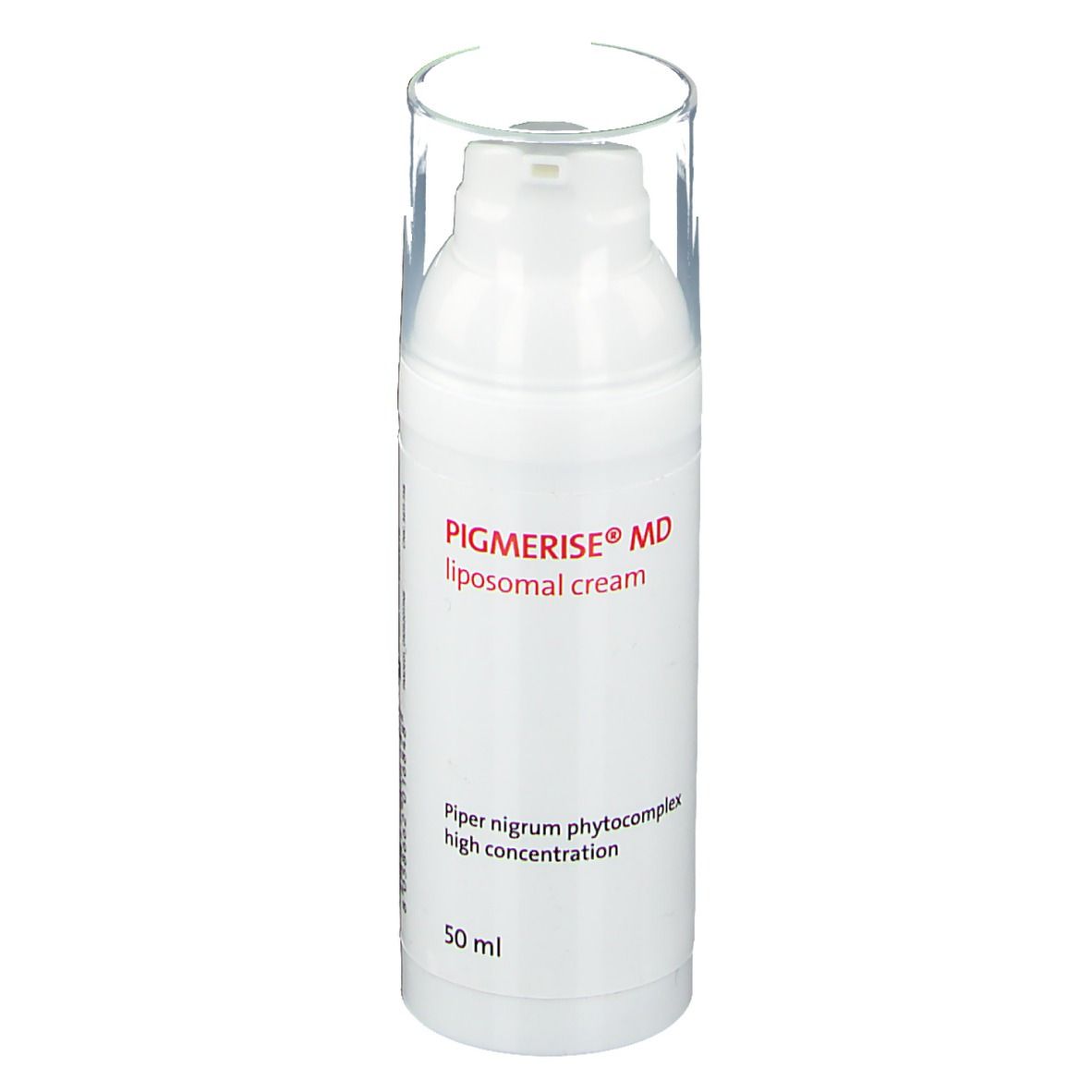 Flacon pompe blanc avec couvercle transparent. Inscription: Pigmerise® MD liposomale cream, 50 ml.