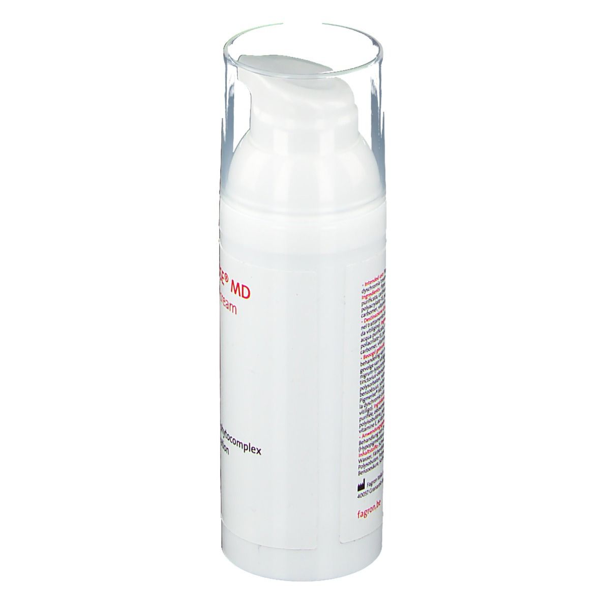 Flacon pompe blanc avec couvercle transparent. Inscription et texte sur le côté.