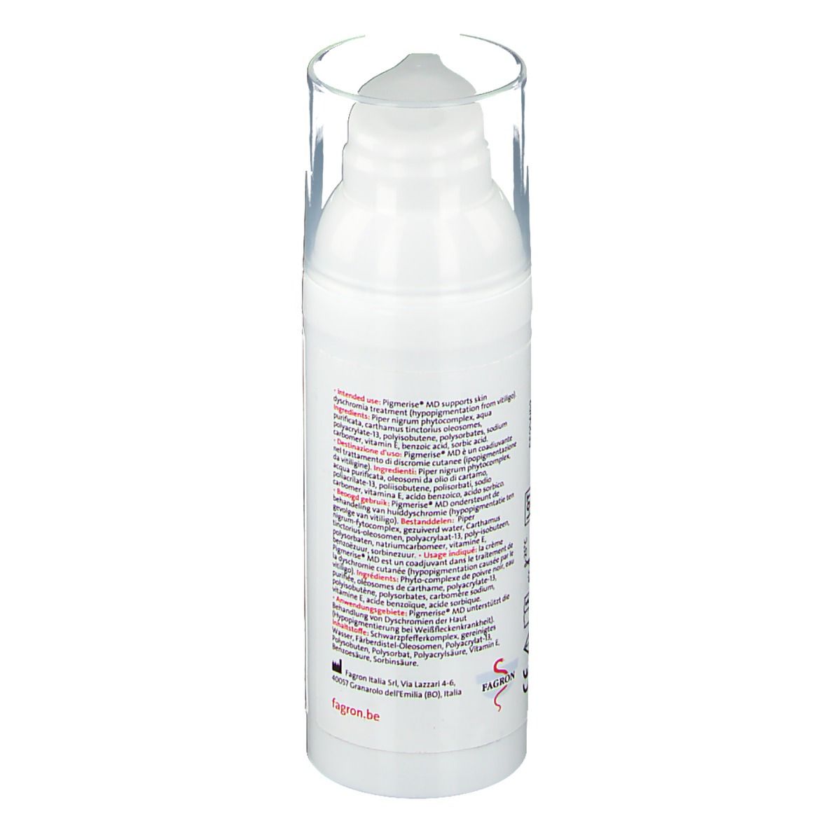 Flacon pompe blanc avec couvercle transparent. Texte avec ingrédients et informations fabricant.
