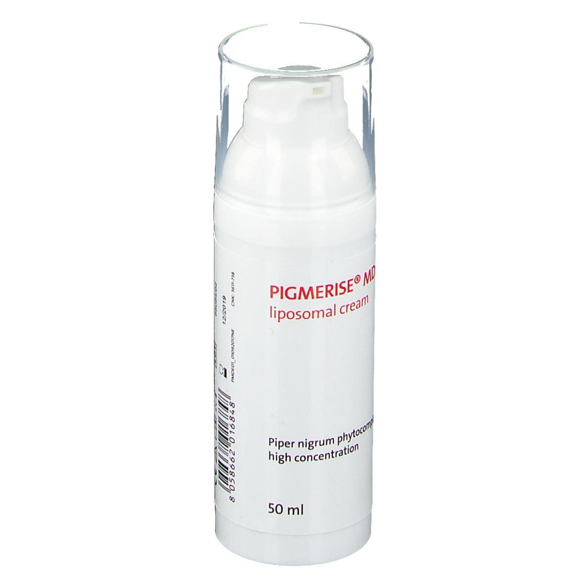 Flacon pompe blanc avec couvercle transparent. Inscription: Pigmerise® MD liposomale cream, 50 ml.