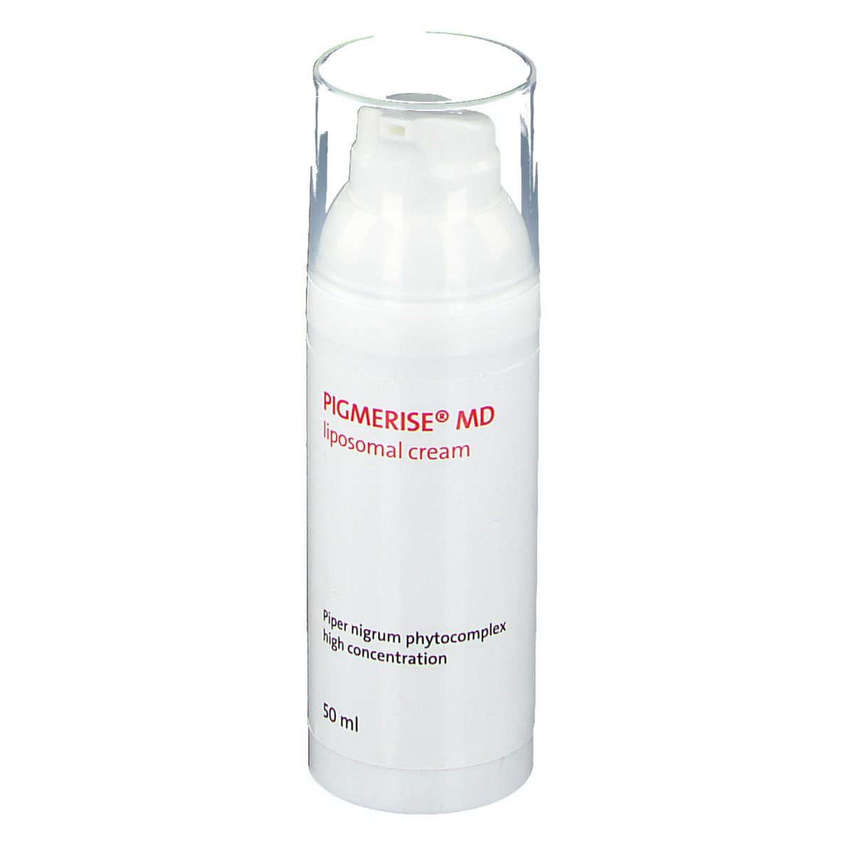 Flacon pompe blanc avec couvercle transparent. Inscription: Pigmerise® MD liposomale cream, 50 ml.