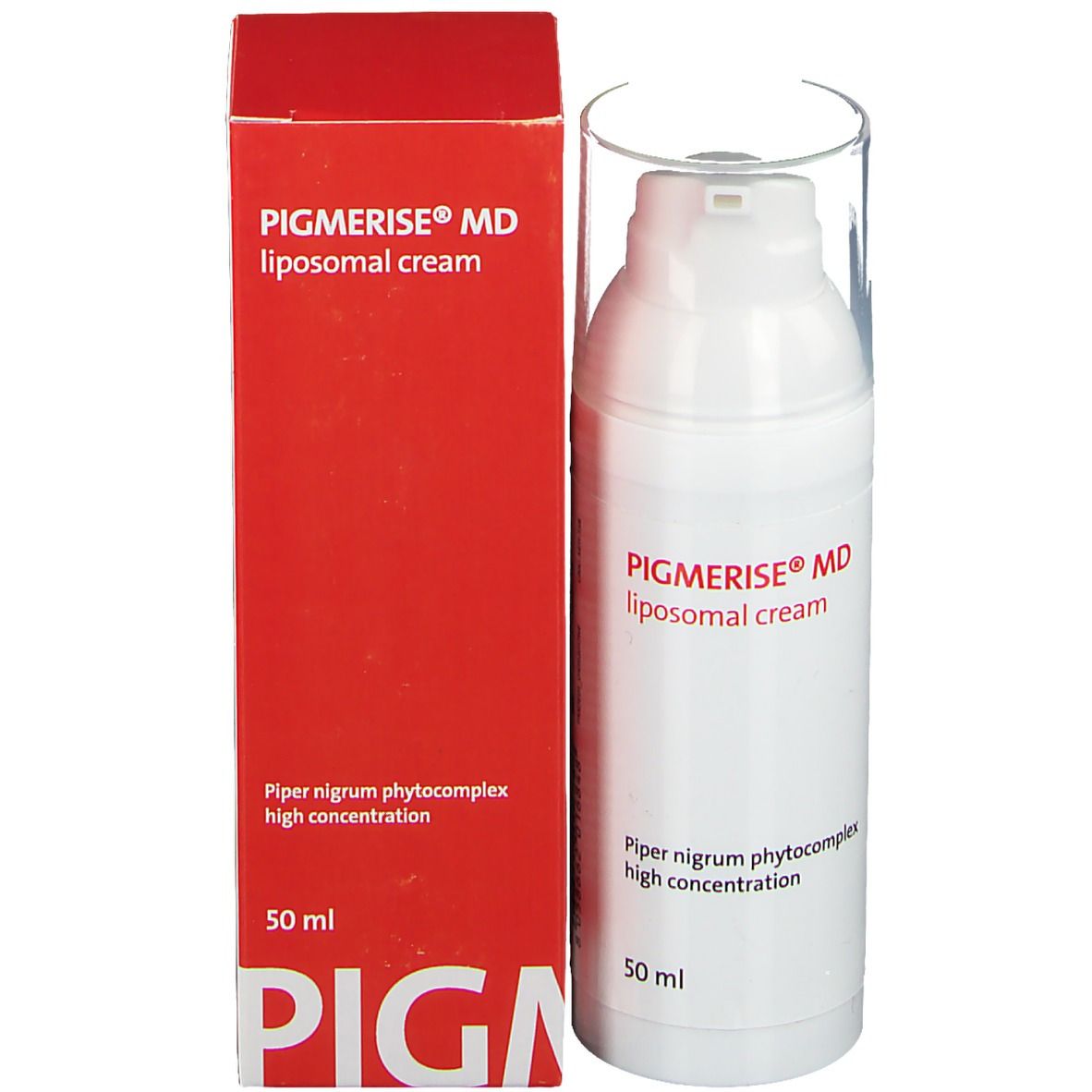 Flacon pompe blanc et emballage rouge. Inscription: Pigmerise® MD liposomale cream, 50 ml.