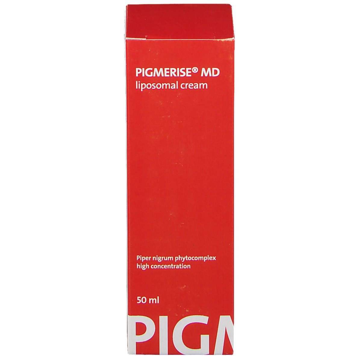 Emballage rouge. Inscription: Pigmerise® MD liposomale cream, 50 ml.