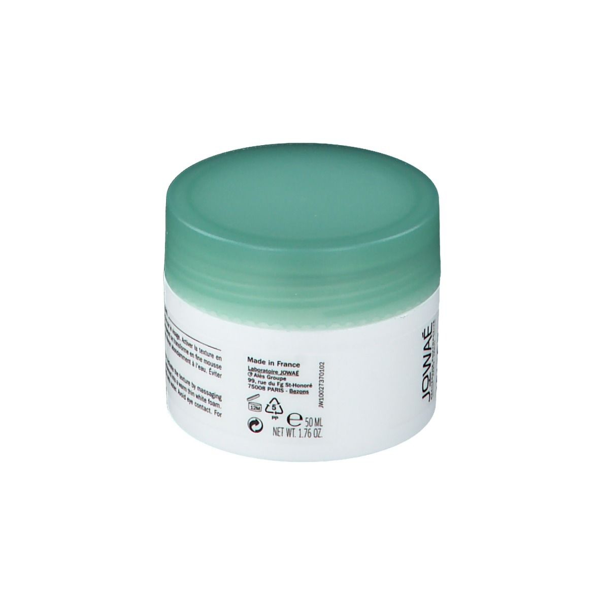 Pot blanc avec couvercle vert. Inscription: JOWAE, Masque Minéral Clarifiant, Clarifying Mineral Mask.