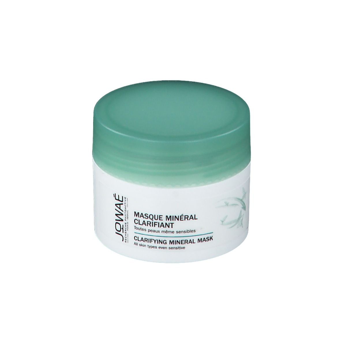Pot blanc avec couvercle vert. Inscription: JOWAE, Masque Minéral Clarifiant, Clarifying Mineral Mask.