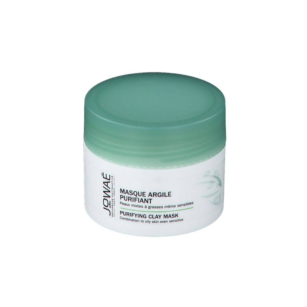 Ronde pot met groen deksel. Opschrift: MASQUE ARGILE PURIFIANT, PURIFYING CLAY MASK. Merk: Jowaé.