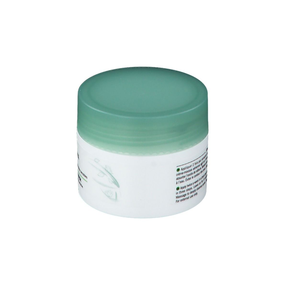 Pot met groen deksel. Opschrift: MASQUE ARGILE PURIFIANT, PURIFYING CLAY MASK. Merk: Jowaé.