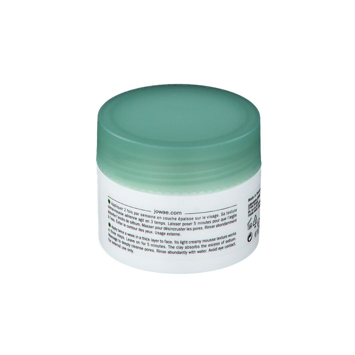 Pot met groen deksel. Opschrift: MASQUE ARGILE PURIFIANT, PURIFYING CLAY MASK. Merk: Jowaé.