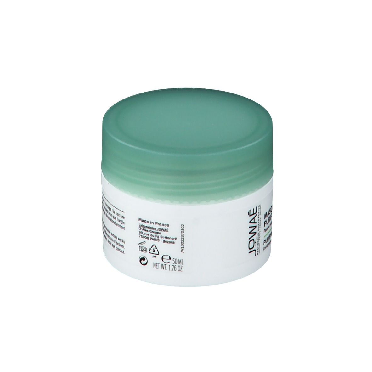 Pot met groen deksel. Opschrift: MASQUE ARGILE PURIFIANT, PURIFYING CLAY MASK. Merk: Jowaé.