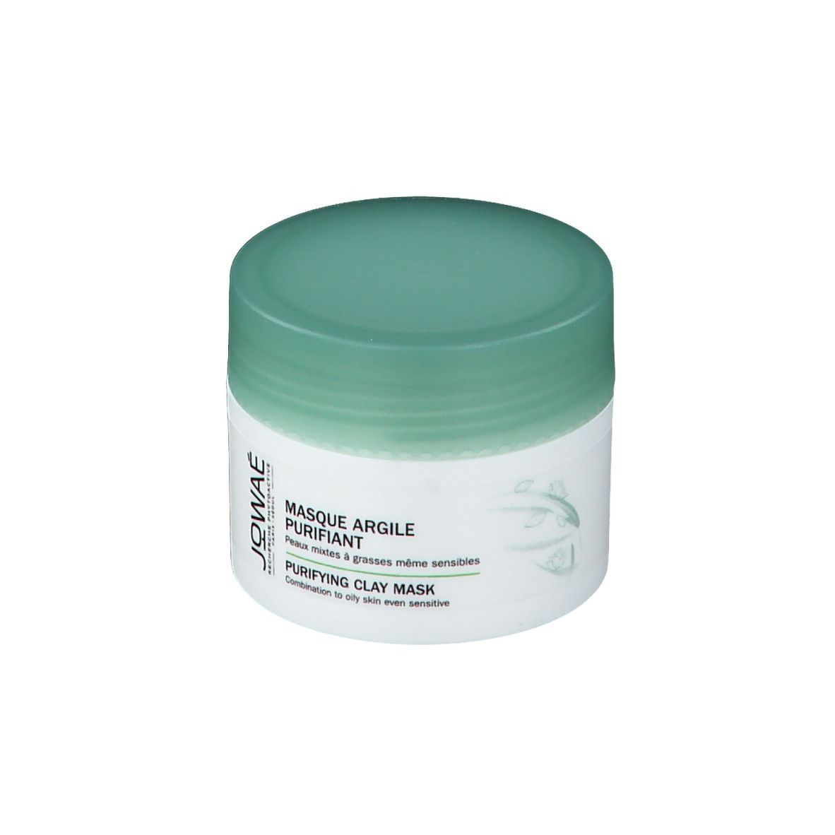 Pot met groen deksel. Opschrift: MASQUE ARGILE PURIFIANT, PURIFYING CLAY MASK. Merk: Jowaé.