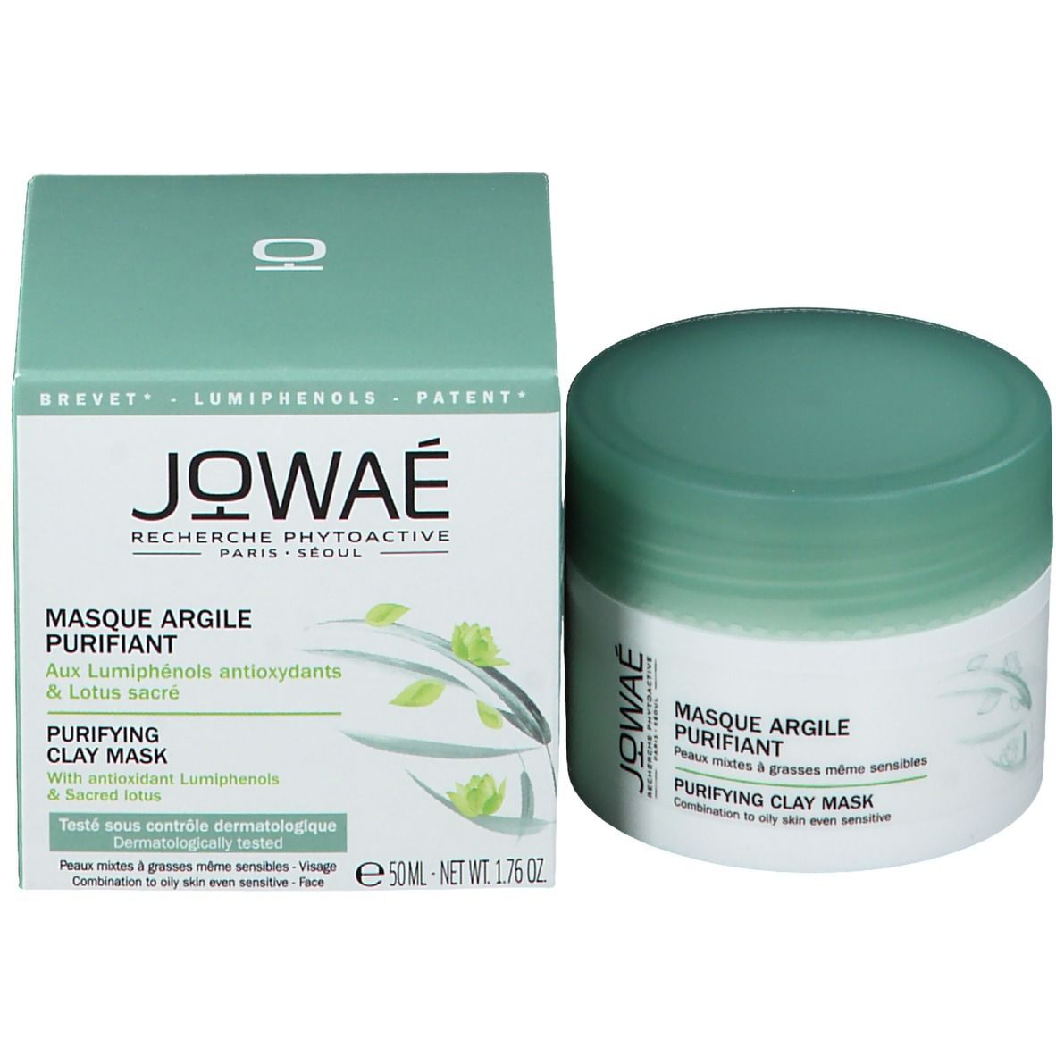 Productverpakking met pot en doos. Opschrift: MASQUE ARGILE PURIFIANT, PURIFYING CLAY MASK. Merk: Jowaé.