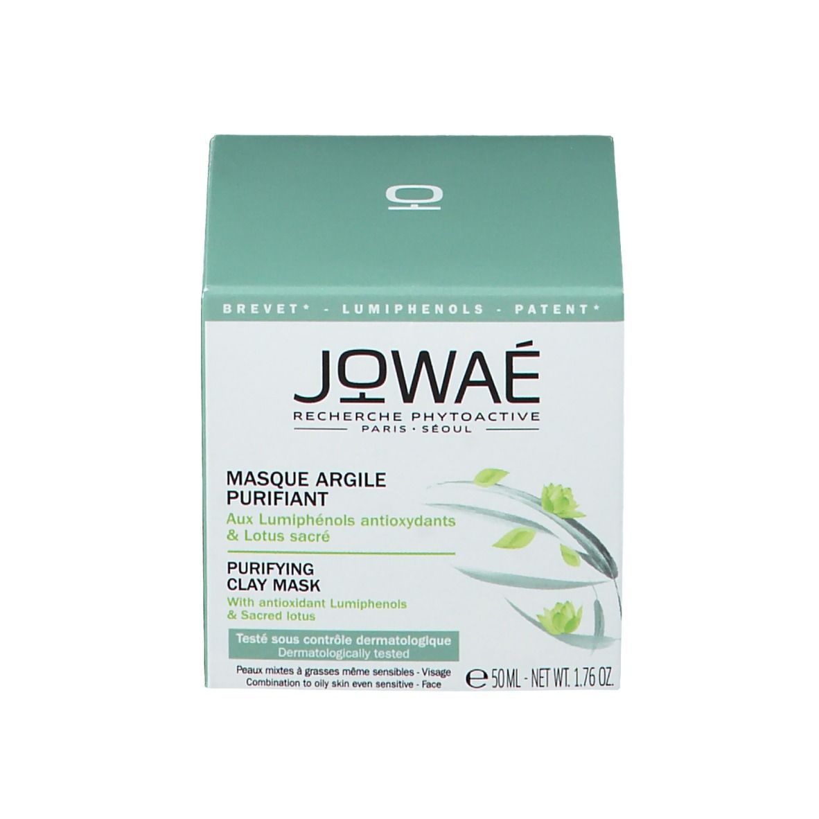 Productverpakking met doos. Opschrift: MASQUE ARGILE PURIFIANT, PURIFYING CLAY MASK. Merk: Jowaé.