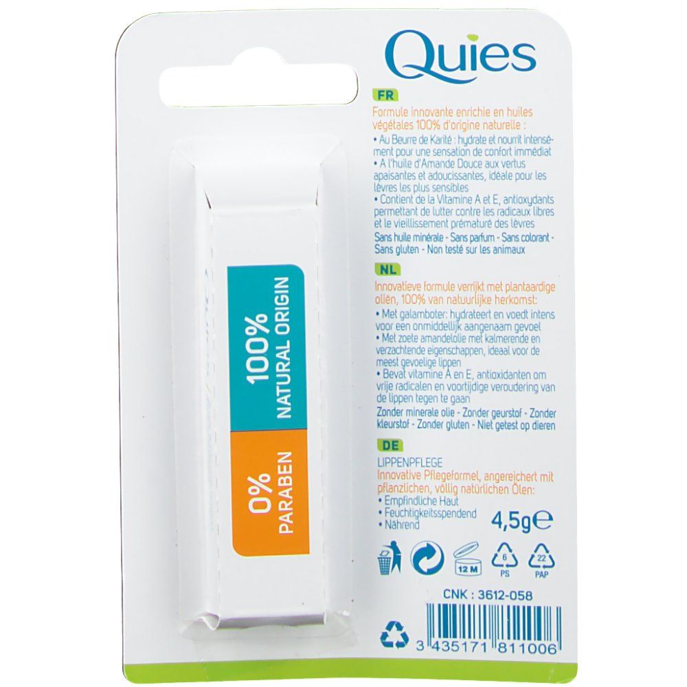 Rückseite der Lippenpflegestift-Verpackung. Text: 100% Natural Origin, 0% Paraben. Informationen in Französisch, Niederländisch und Deutsch.