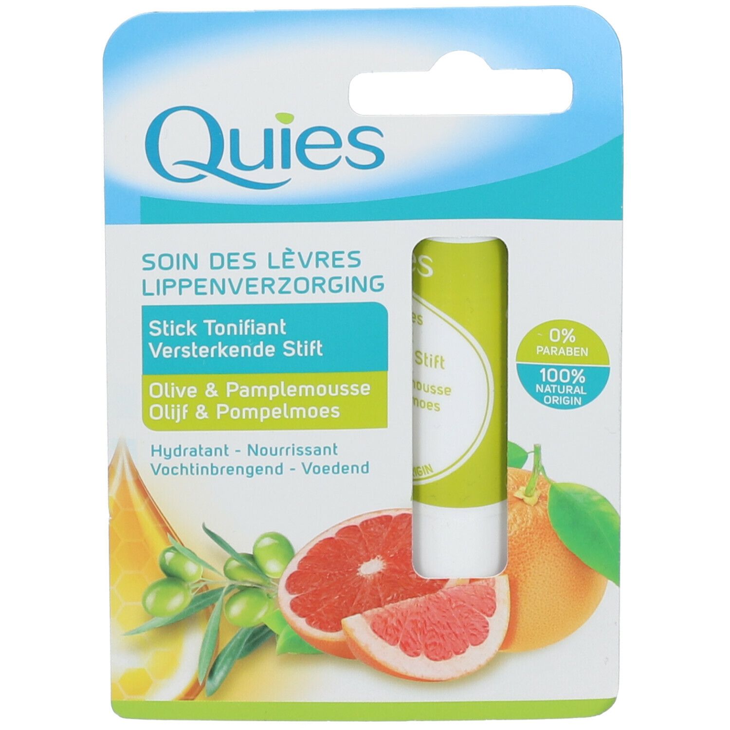 Stick de soin des lèvres Quies, emballage. Illustration d'olives et pamplemousse. Inscription : "Stick Tonifiant", "Olive & Pampelmousse".