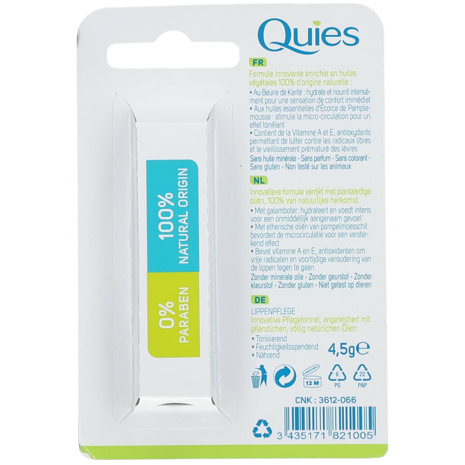 Dos de l'emballage. Texte : "Quies", "Soin des lèvres". Contient des informations sur les ingrédients et les certifications. 4,5g.
