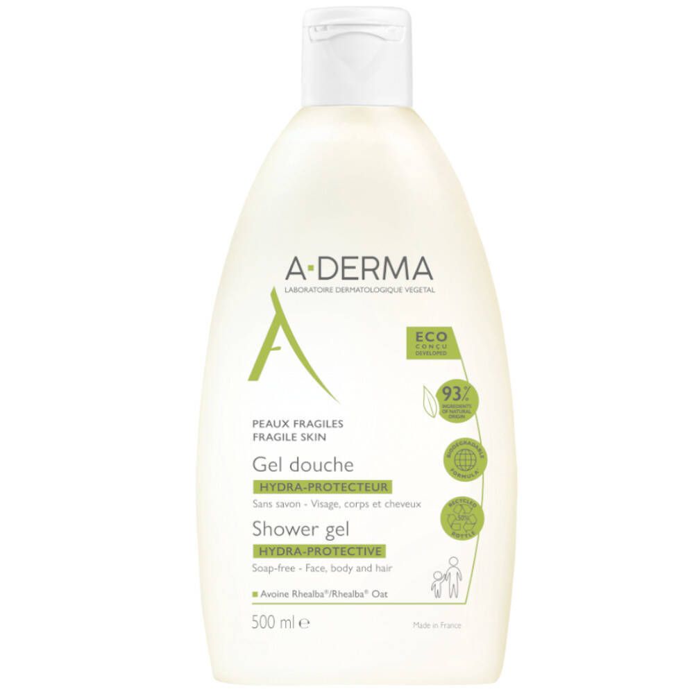 Flacon de gel douche A-Derma Hydra-Protection. Bouchon blanc, étiquettes vertes et blanches. Contient 93% d'ingrédients d'origine naturelle.
