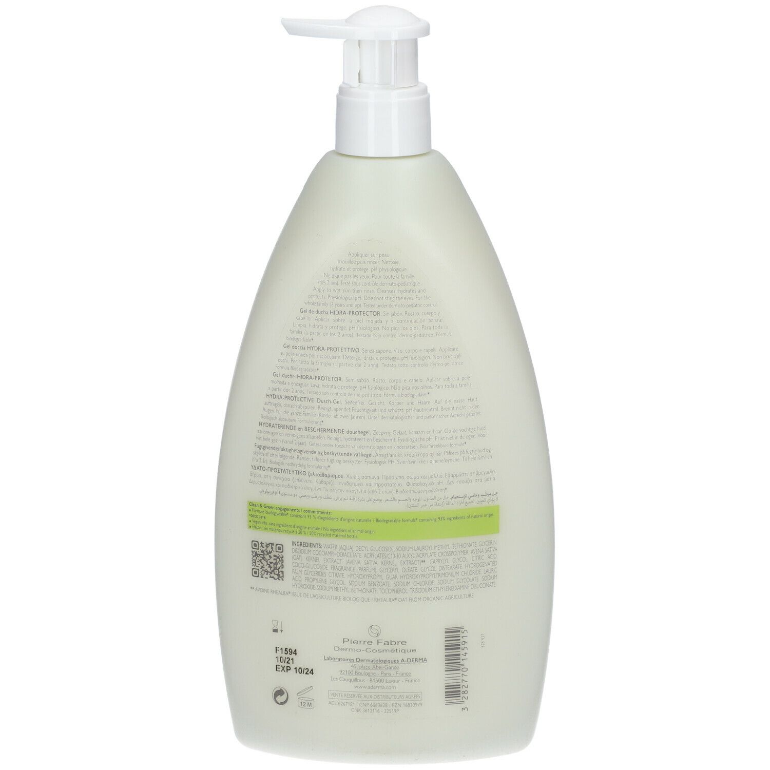 Dos du flacon de gel douche A-DERMA. Flacon blanc avec texte. Code QR et certifications visibles.