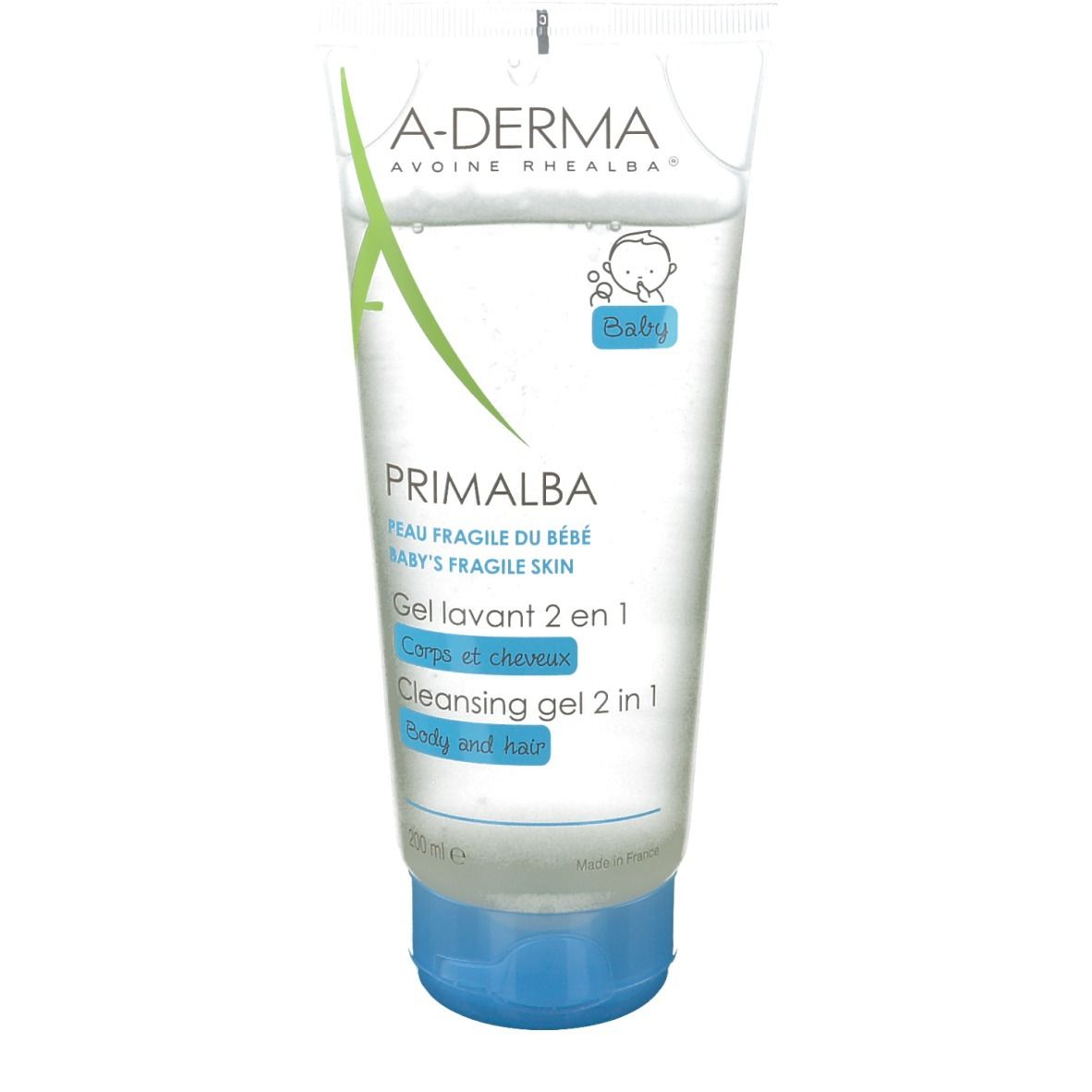 Gel lavant 2 en 1 A-Derma Baby Primalba. Tube transparent avec bouchon bleu. Nom du produit et logo visibles.