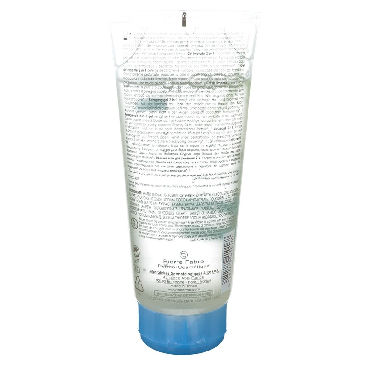 Dos du tube de gel lavant A-Derma Baby Primalba. Texte avec ingrédients et informations du fabricant.