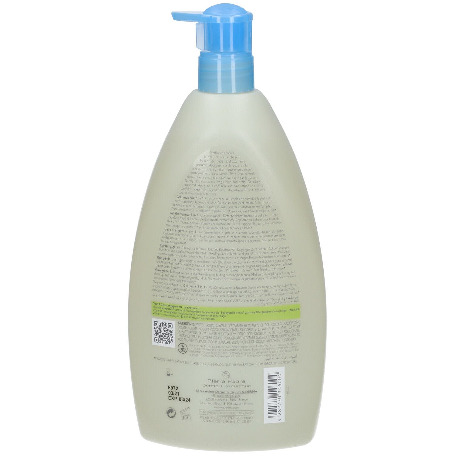 Dos du flacon de gel lavant A-Derma Baby Primalba. Texte et code QR sur étiquette verte. Date d'expiration.