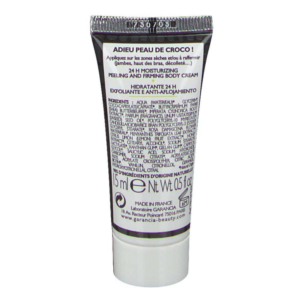 Retro del tubo di crema con testo e ingredienti. 15 ml.