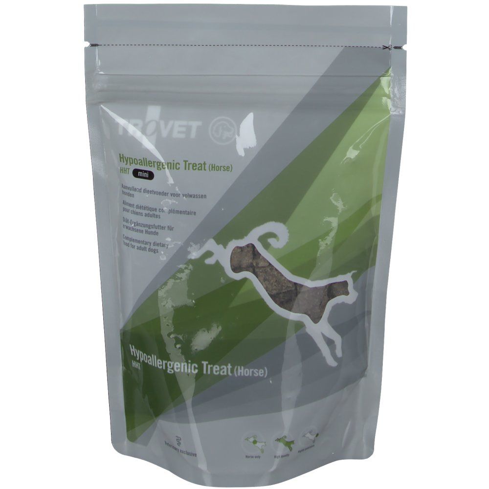 Sachet de Trovet HHT Hypoallergenic Treat Caballo. Design vert et blanc avec logo et texte. Illustration d'un cheval.