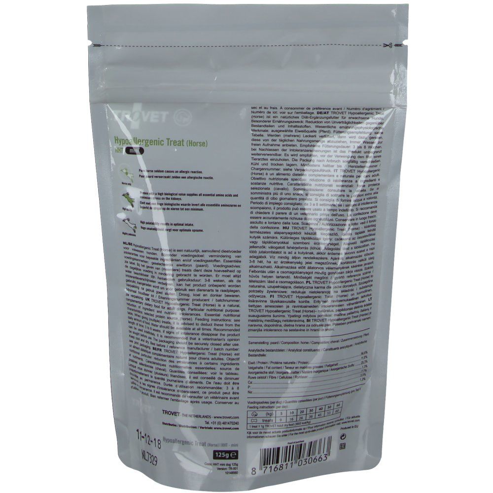 Dos du paquet Trovet HHT Hypoallergenic Treat Caballo. Texte multilingue. Code-barres et logo.