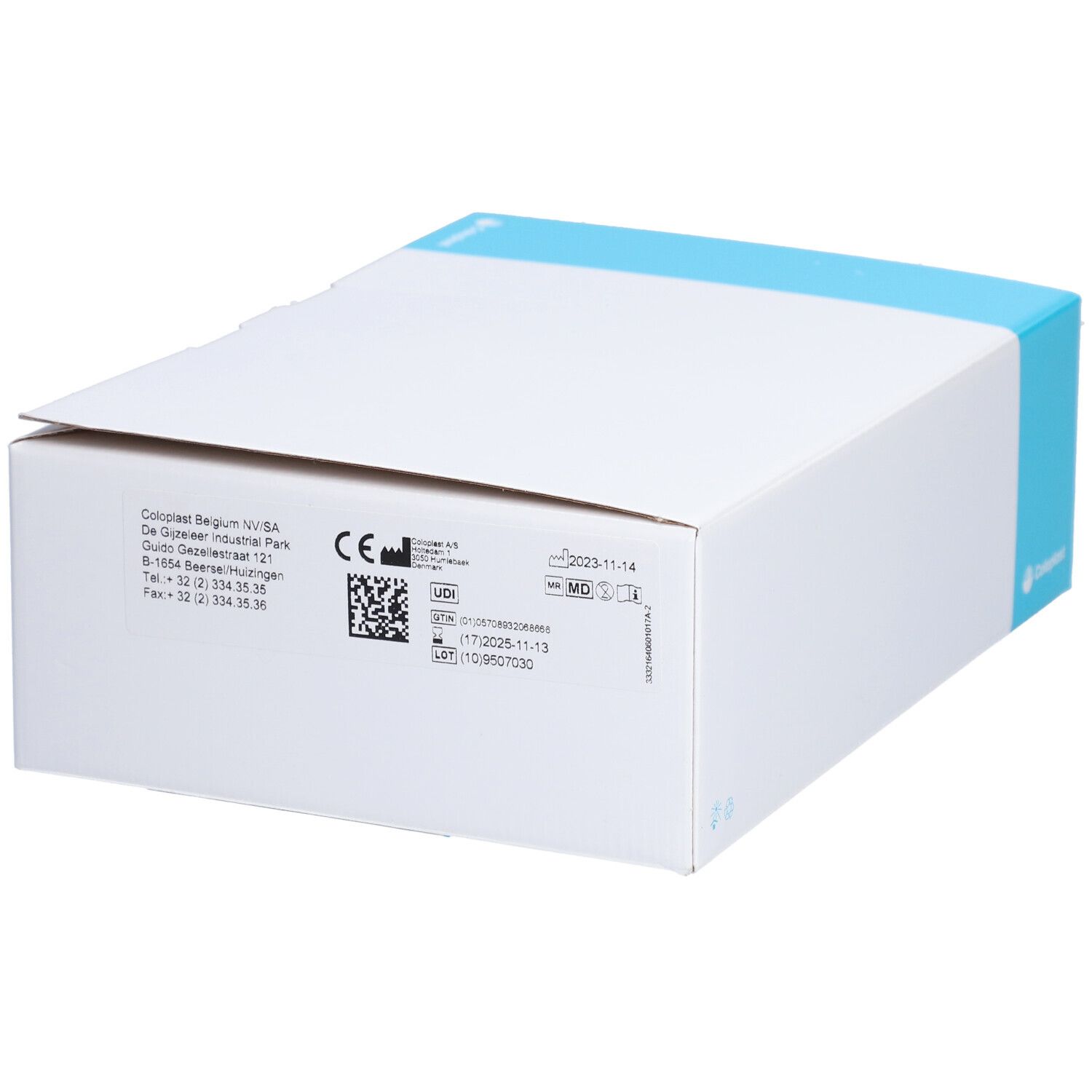 Witte doos met blauwe streep. Achterkant met tekst en logo's. CE-markering. Merk Coloplast.