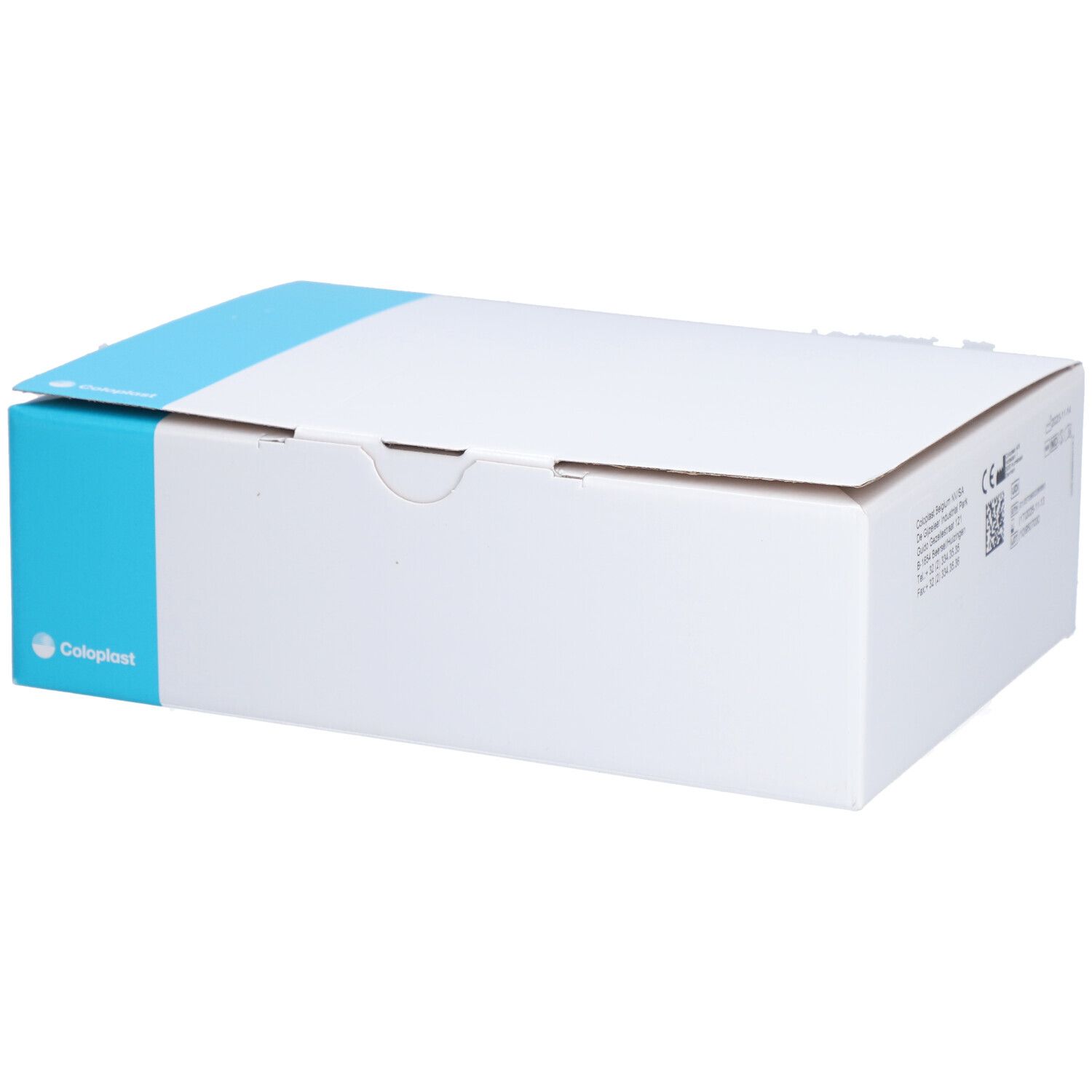 Witte doos met blauwe streep. Merk Coloplast. Productinformatie op de zijkant.