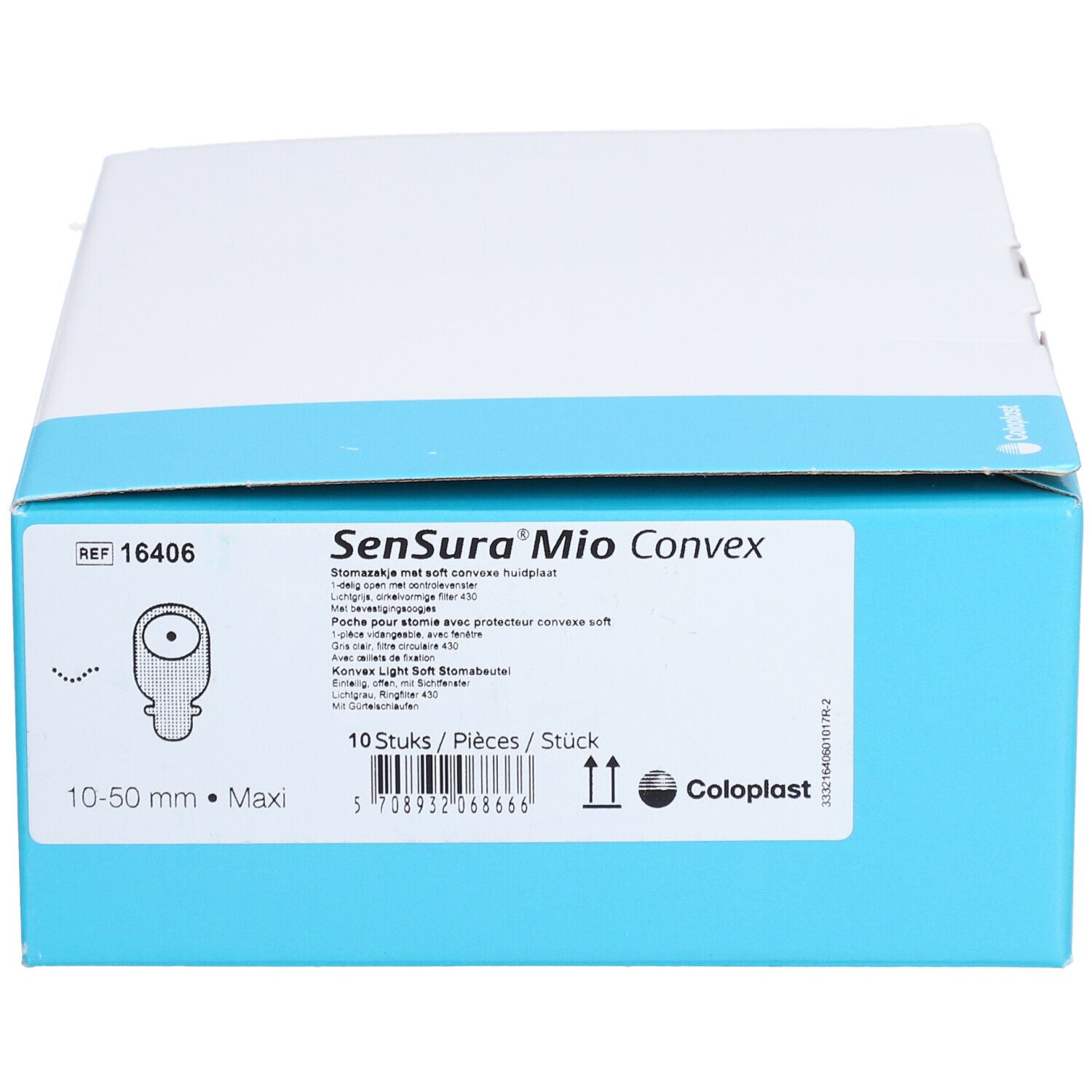 Doos met productinformatie. Opschrift: Sensura Mio Convex, 10 stuks, 10-50 mm. Merk Coloplast.