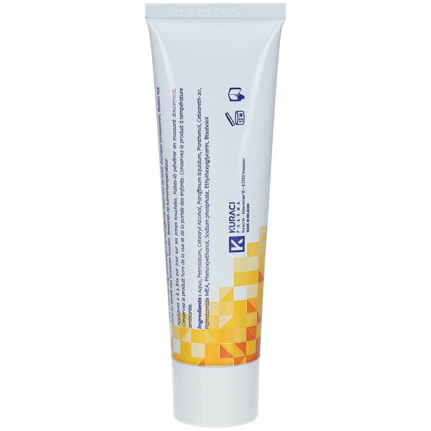 Achterkant van de SKABIO crème tube. Bevat ingrediënten en fabrikant informatie. Witte tube met geel en blauw design.