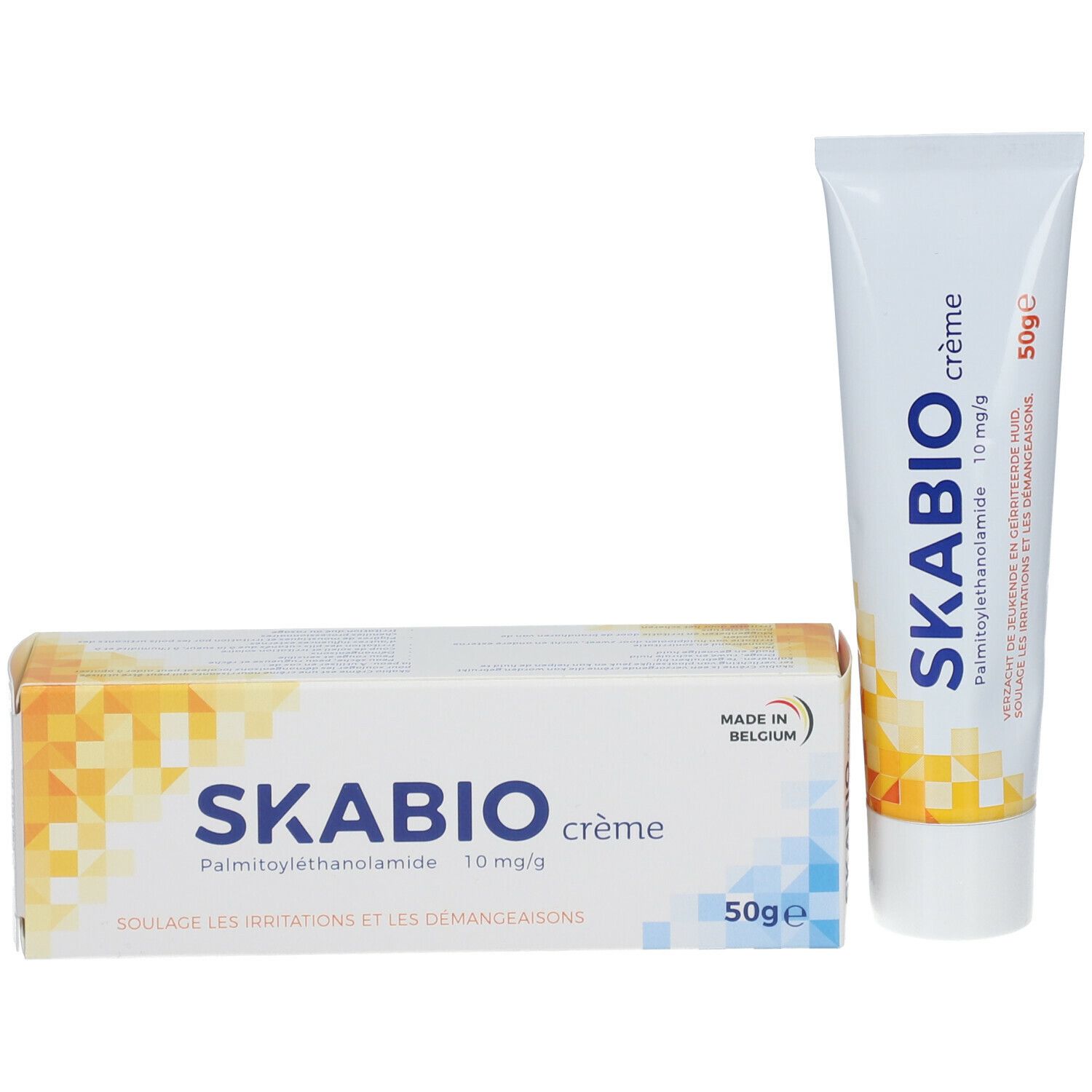 SKABIO crème tube en doos. Doos en tube met geel-blauw design. Opschrift: SKABIO crème, 10 mg/g, 50g.