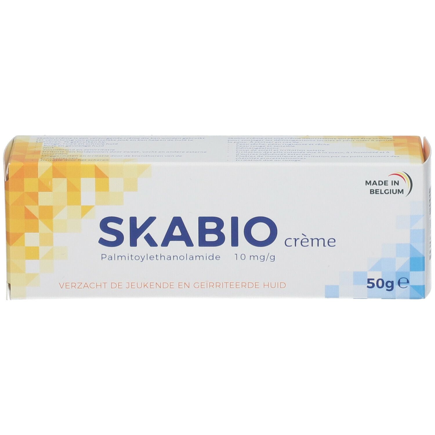 SKABIO crème doos. Wit met geel-blauw design. Opschrift: SKABIO crème, 10 mg/g, 50g. Gemaakt in België.
