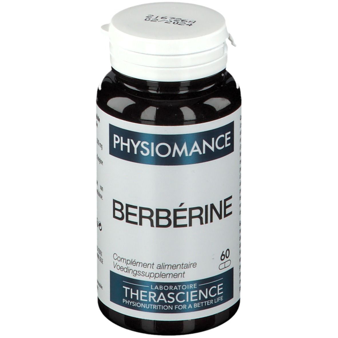Zwarte fles met witte dop. Opschrift: PHYSIOMANCE, BERBÉRINE, 60 capsules. Laboratoire Therascience.