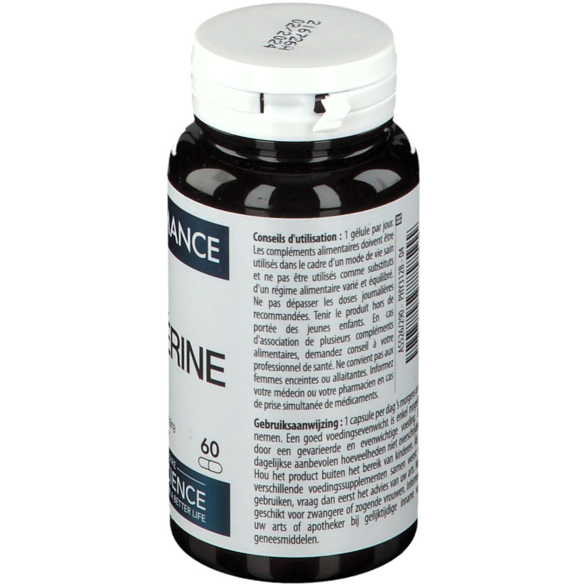 Zwarte fles met witte dop. Tekst op etiket: PHYSIOMANCE, BERBÉRINE, 60 capsules. Gebruiksaanwijzing.